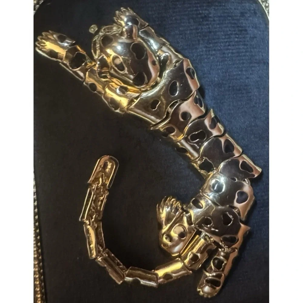 Vintage Articulated Panther Leopard Brooch Gold Tone Green Eyes Statement Jewelr